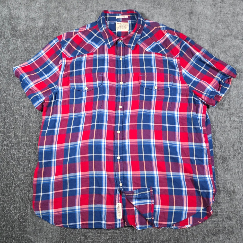 Lucky Brand Mens XL Short Sleeve Western Plaid Snap Button Shirt Classic Fit Red
